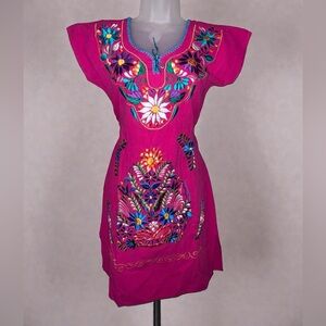 Authentic Mexican Embroidered Pink Floral Women's Dress